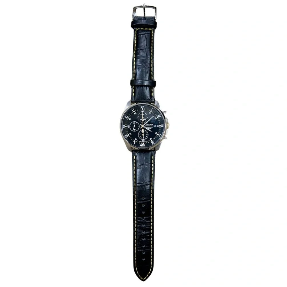 Seiko Chronograph Men’s Watch – Stainless Steel & Black Calf Leather Strap